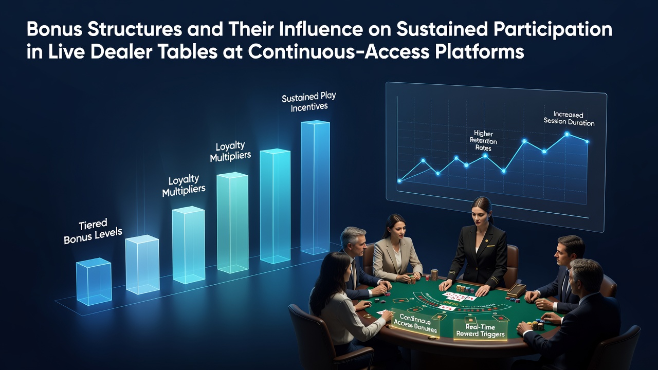 Illustratie van live dealer tafels met bonusstructuren op continue toegangsplatforms