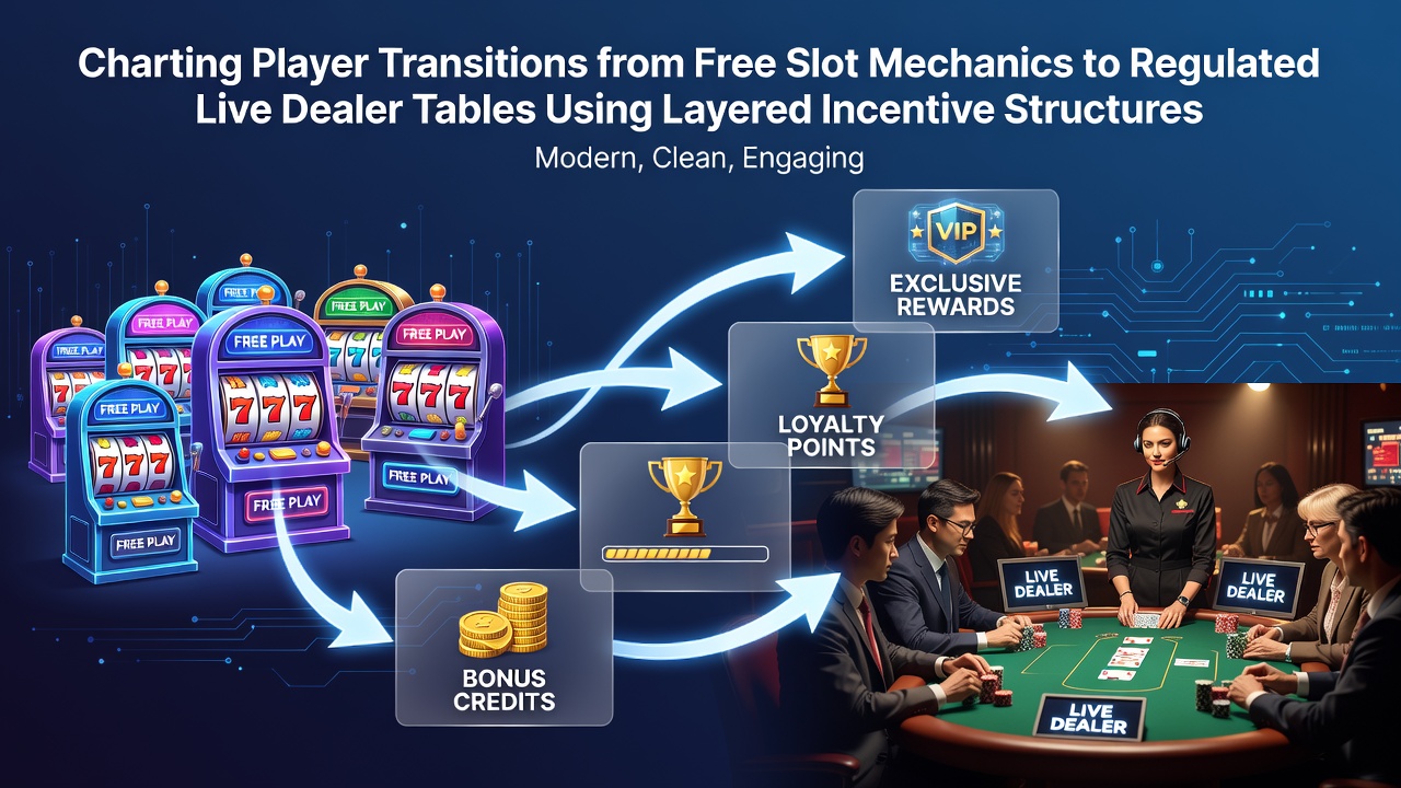 Diagram showing player progression from free slots to live dealer tables with layered incentives