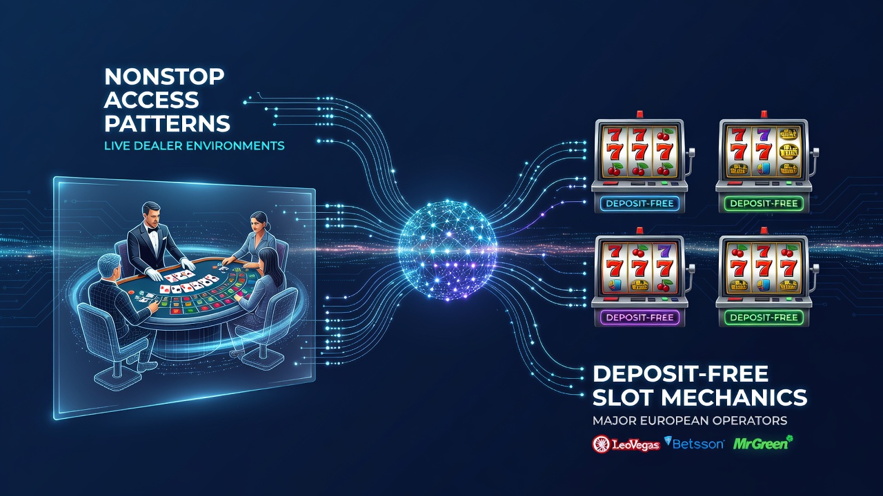 Illustratie van live dealer tafels en slot interfaces in een online casino omgeving
