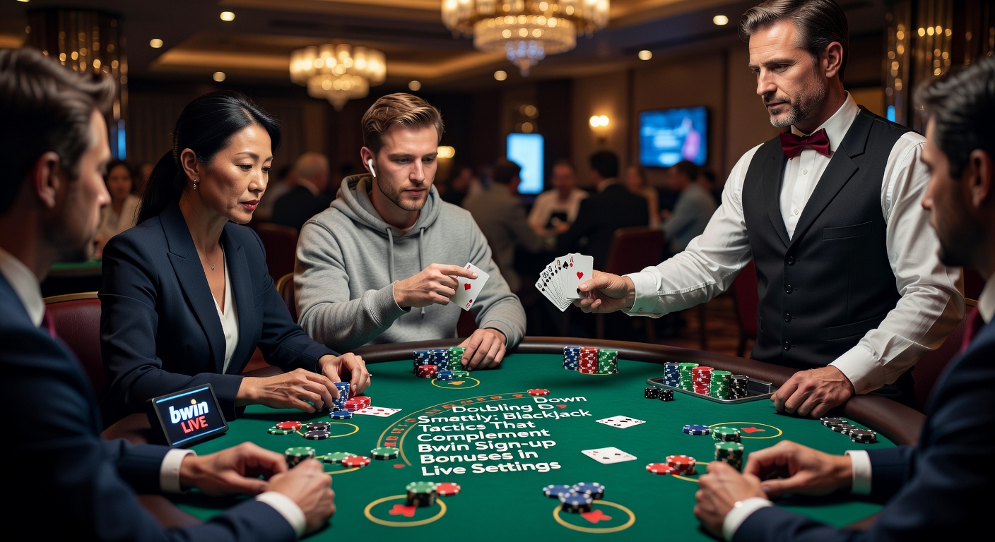 Live blackjack tafel bij Bwin met dealer en kaarten in actie, perfect voor verdubbelen tactieken