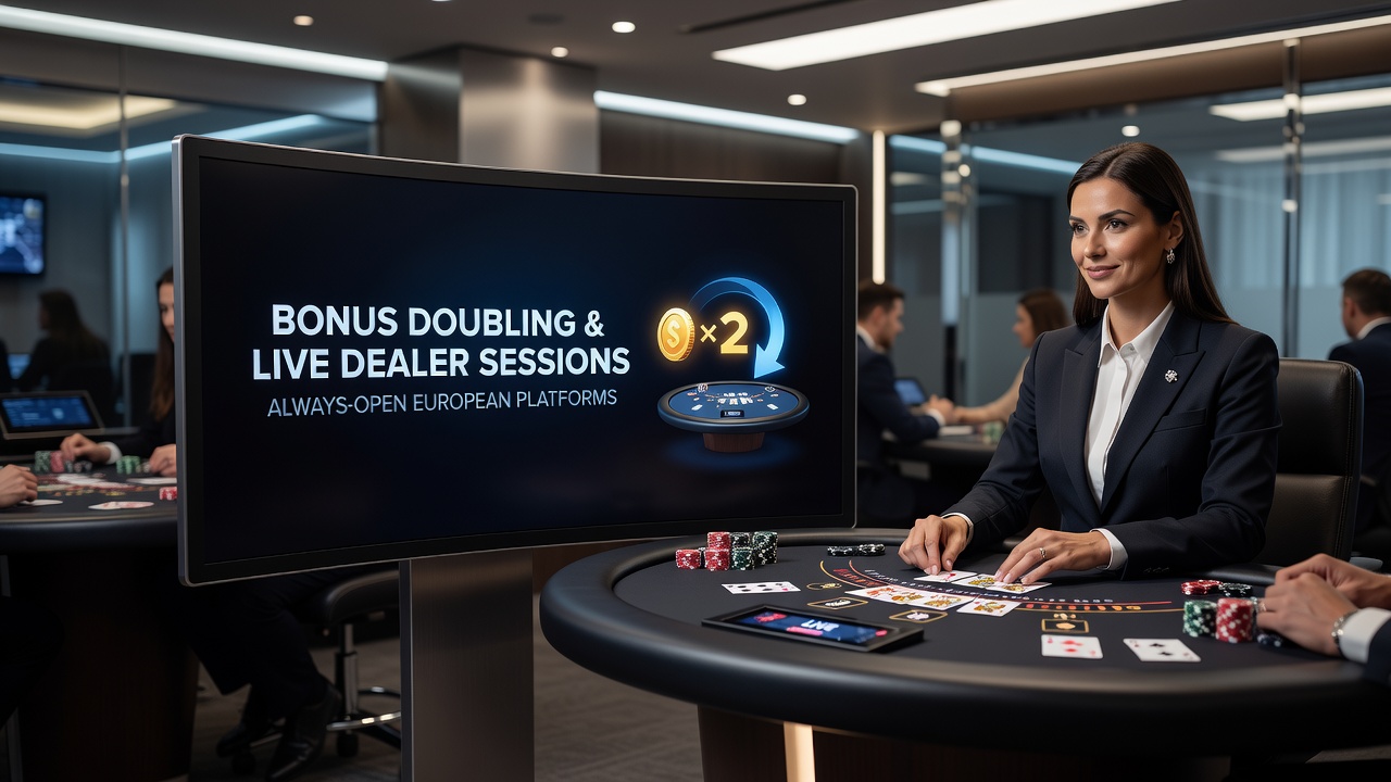 Speler die deelneemt aan een live dealer blackjack sessie met bonusverdubbeling op een 24/7 Europees platform