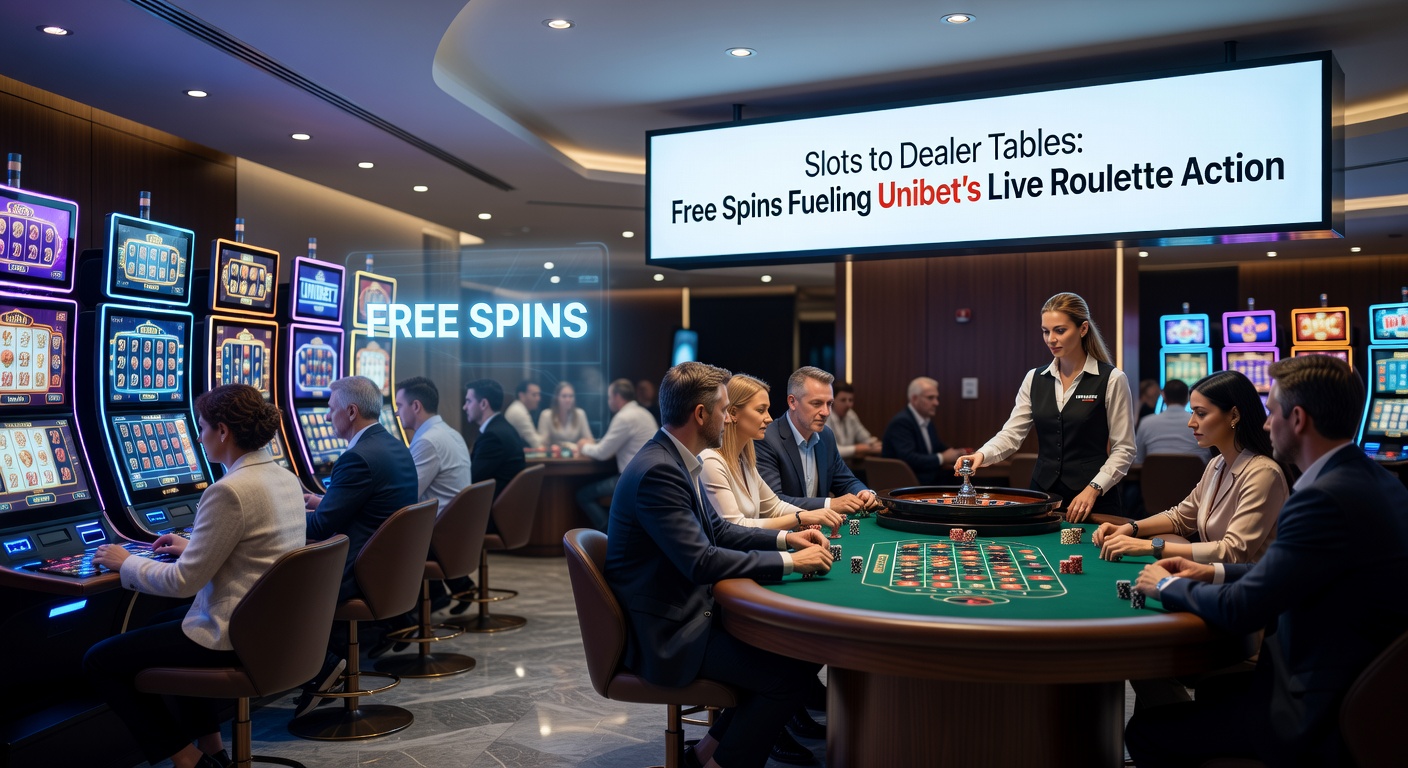 Live roulette dealer bij Unibet deelt kaarten uit, gefinancierd door free spins uit slots, met spelersschermen op achtergrond