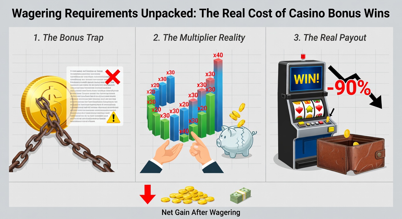 Voorbeeld van een casino bonuspagina met wagering details, toonend multiplicators, bijdragende spellen en cashout voorwaarden