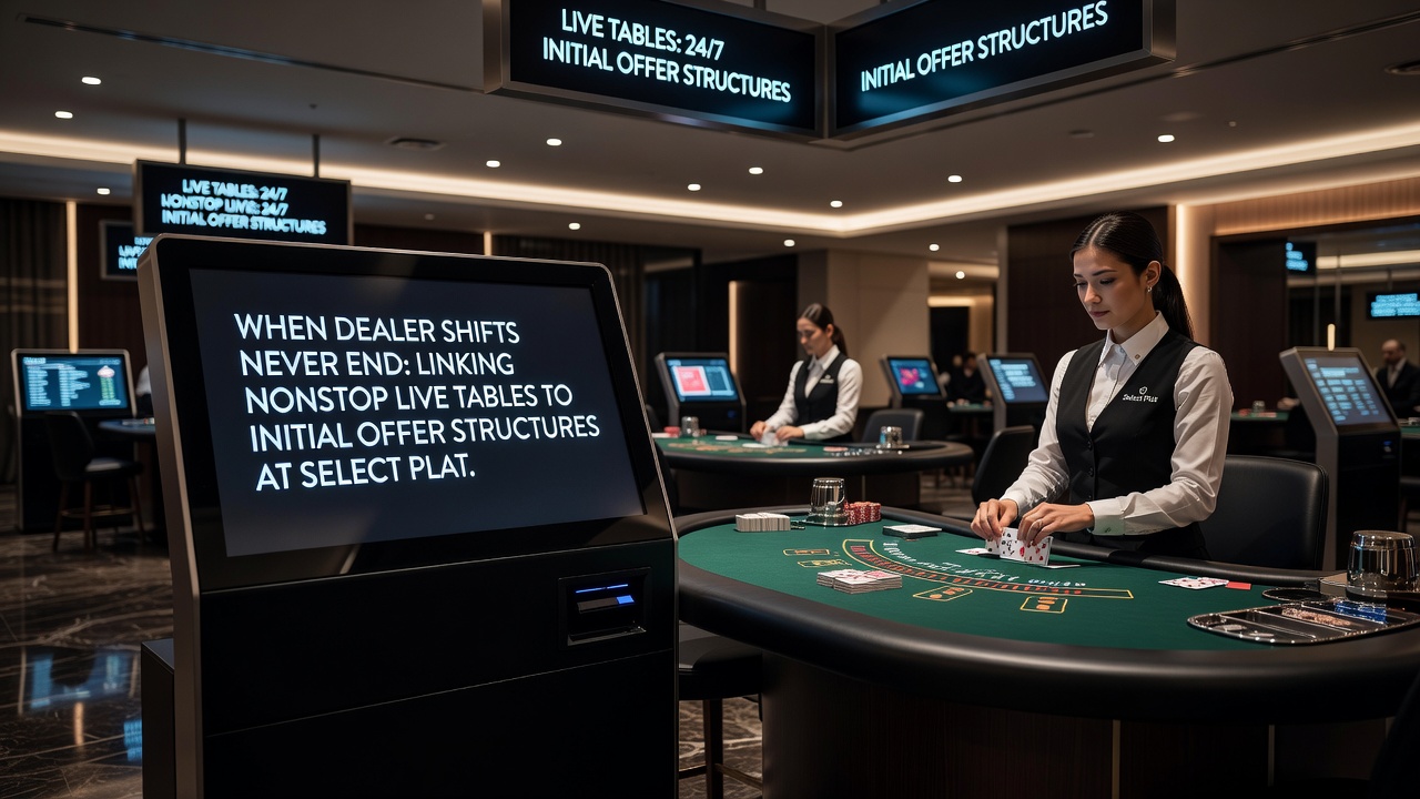 Live casino interface met nonstop dealer shifts en gekoppelde bonusaanbiedingen op een digitaal platform